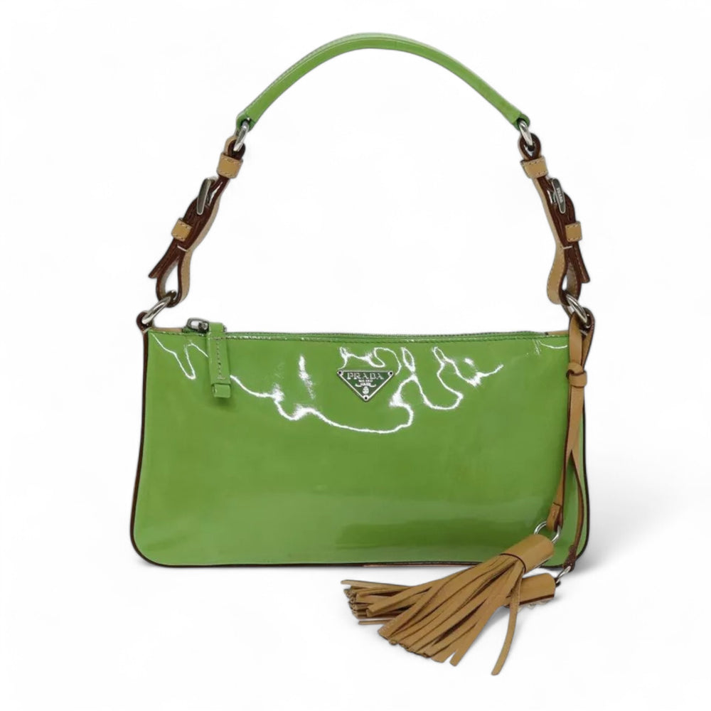 Prada Vernice Calf CH Green Enamel Shoulder Pouch Bag Women Made in Italy