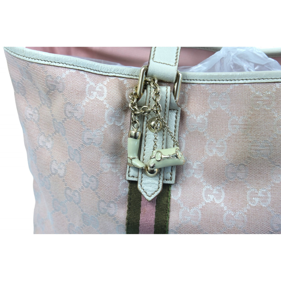 Gucci Tote Bag Pink Green Monogram Canvas Leather Women's Handbag with Charms