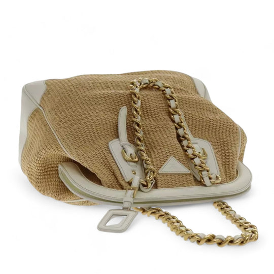 Prada Chain Shoulder Bag Straw Leather Beige Gold Women's