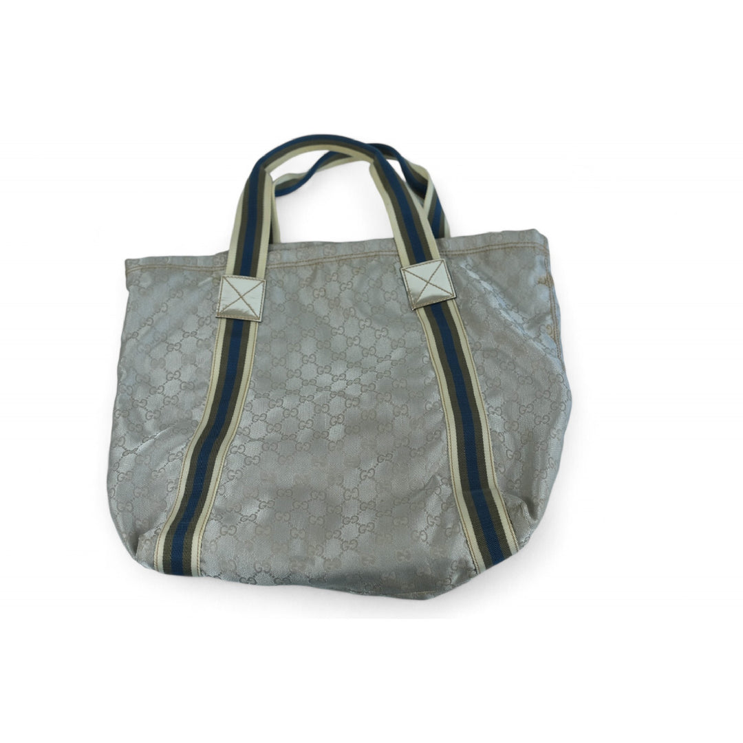 Gucci Tote Bag Silver Blue Striped Handles Unisex Made in Italy Designer Handbag Large