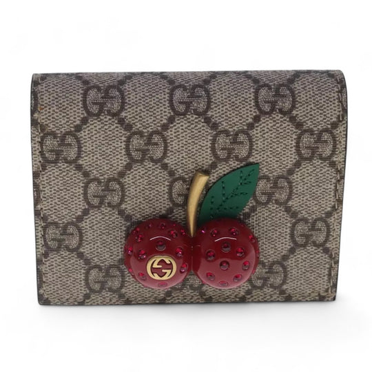 GUCCI GG Supreme Cherry Wallet PVC Leather Beige Red Women's