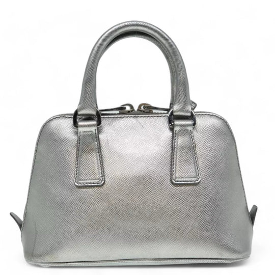 Prada Handbag Saffiano Leather 2way Silver Women's Bag with Strap and Dust Bag