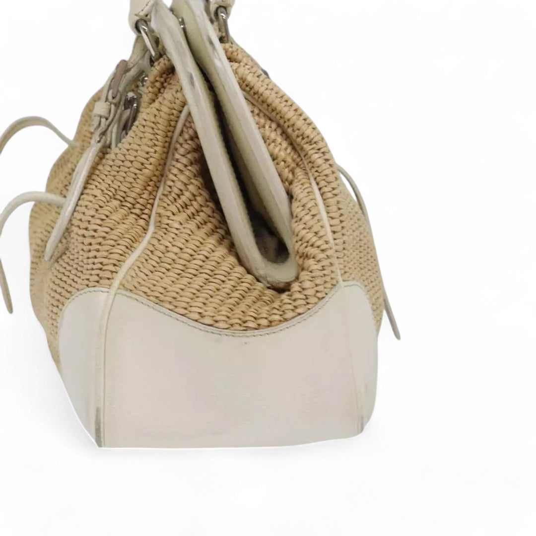 Prada Beige Straw Leather Women's Handbag with Tag and Card