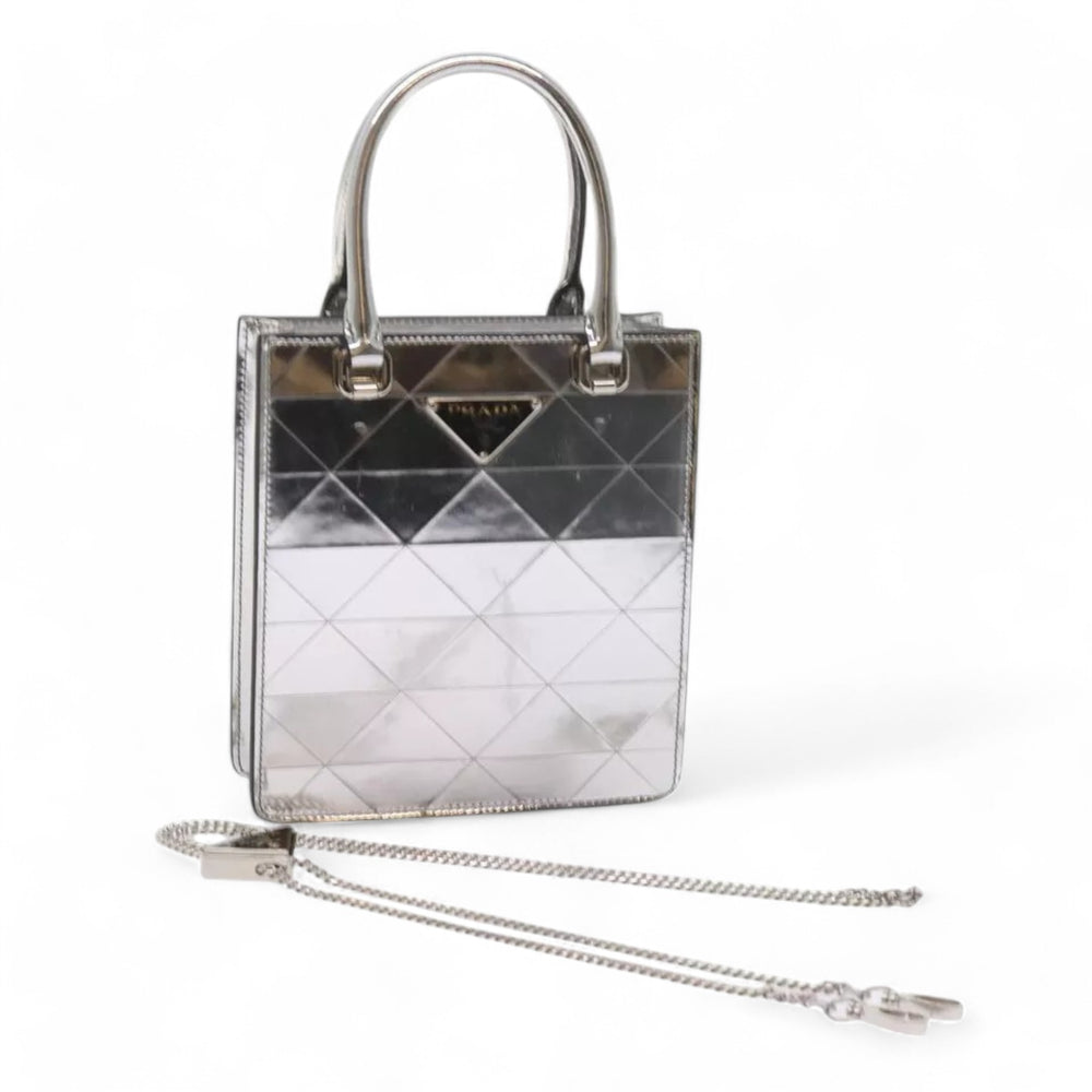 Prada Handbag Metallic Leather Silver Women Shoulder Bag Chain Strap Made in Italy