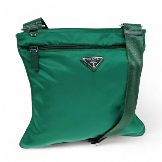 Prada Shoulder Bag Nylon Green Silver Unisex Adjustable Strap Made in Italy