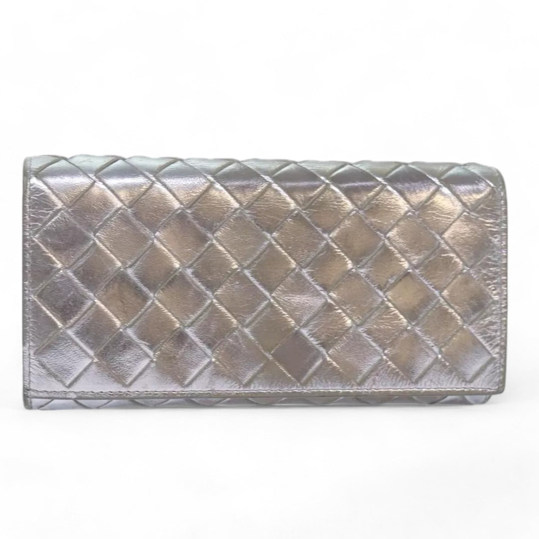 Bottega Veneta Intrecciato Leather Long Wallet Silver Tone Unisex