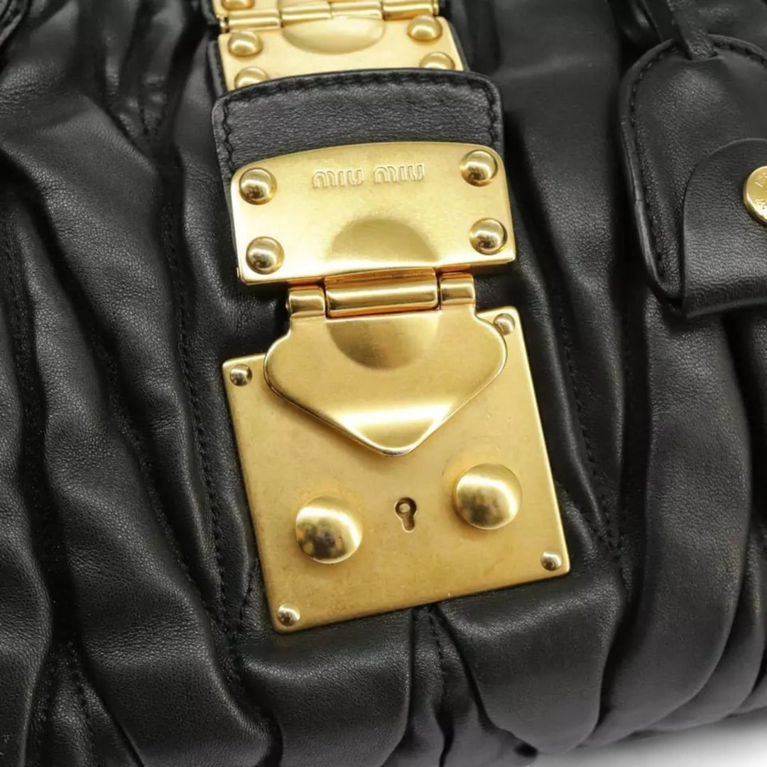 Miu Miu Matelasse Handbag Leather Black Gold 2way