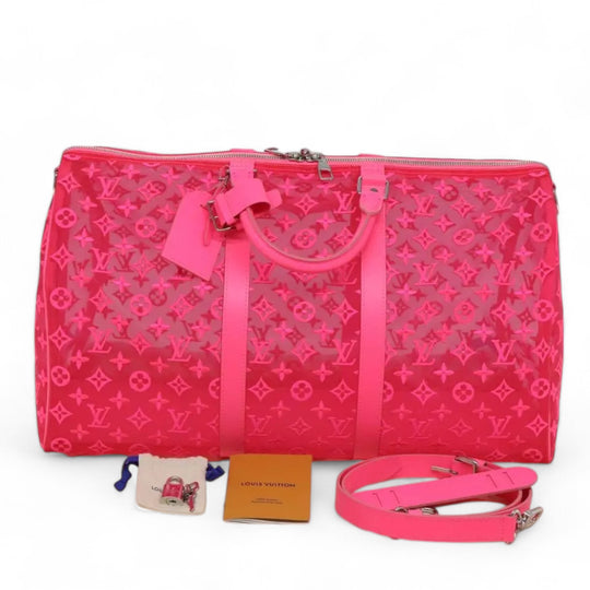 Louis Vuitton Monogram Mesh Keepall Bandouliere 50 Bag Pink M45048 Boston Style for Women