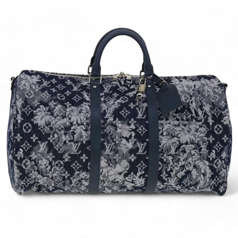 Louis Vuitton Monogram Tapestry Keepall Bandouliere 50 Boston Bag Blue Denim Unisex Travel Handbag