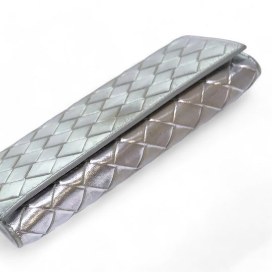 Bottega Veneta Intrecciato Leather Long Wallet Silver Tone Unisex