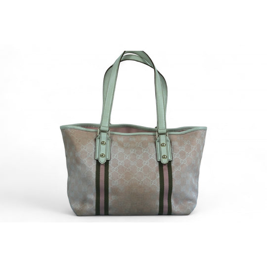 Gucci Tote Bag Pink Green Monogram Canvas Leather Women's Handbag with Charms