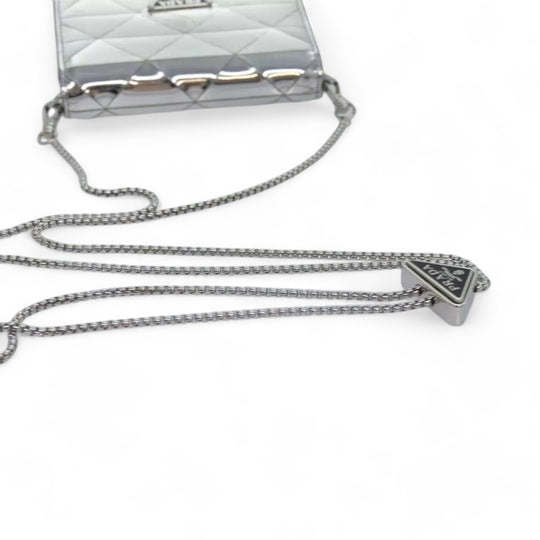 Prada Shoulder Bag Pouch Triangle Panel Silver Women's Leather Chain