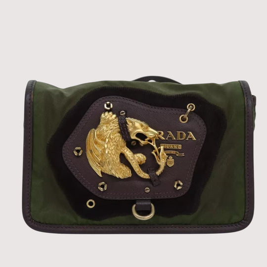 Prada Vintage Women's Shoulder Crossbody Bag Nylon Khaki Gold Lion Emblem