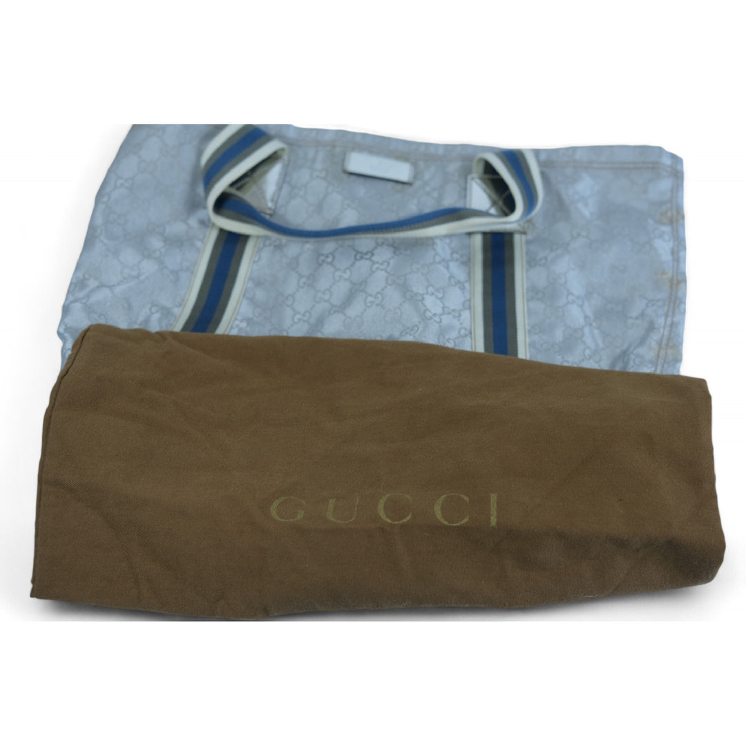 Gucci Tote Bag Silver Blue Striped Handles Unisex Made in Italy Designer Handbag Large