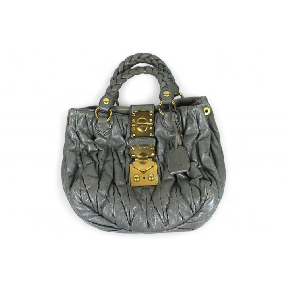 Miu Miu Matelassé Grey Leather Handbag Gold Hardware Women's Purse with Dust Bag