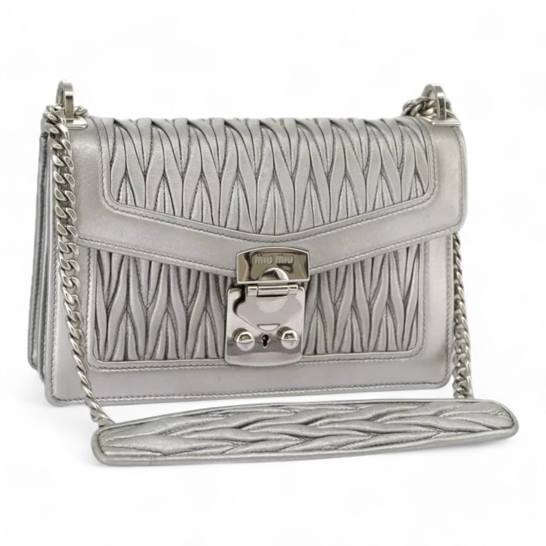 Miu Miu Matelasse Chain Shoulder Bag Leather Silver Women Handbag Purse