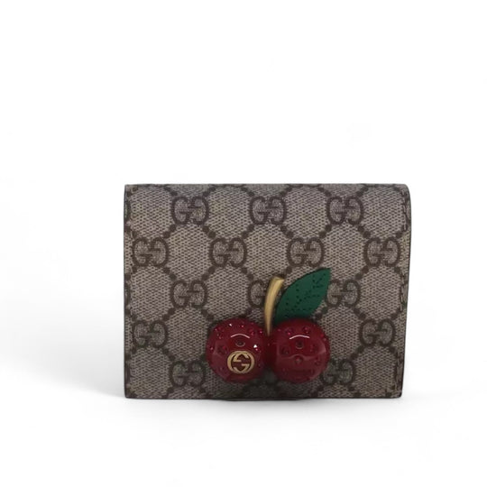 GUCCI GG Supreme Cherry Wallet PVC Leather Beige Red Women's