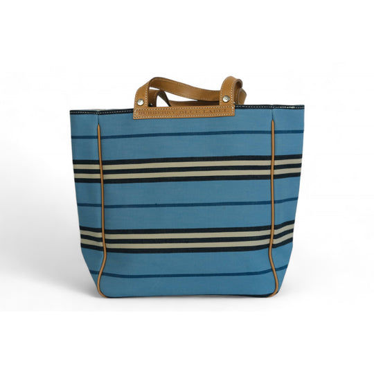 Burberry Blue Label Tote Bag Striped Canvas Leather Trim Blue Beige Women's Handbag