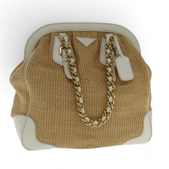 Prada Chain Shoulder Bag Straw Leather Beige Gold Women's