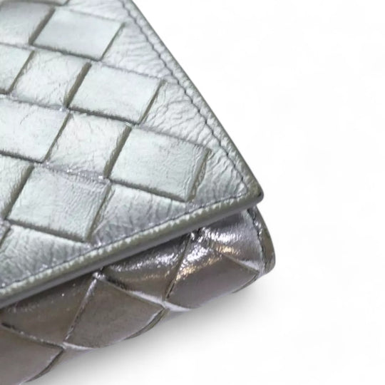 Bottega Veneta Intrecciato Leather Long Wallet Silver Tone Unisex