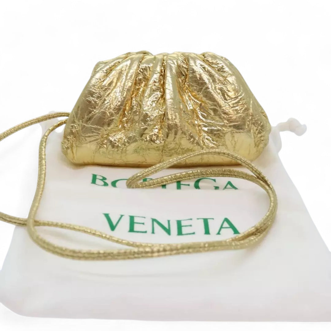 Bottega Veneta Pouch Leather Gold Women's Bag with Strap and Dust Bag