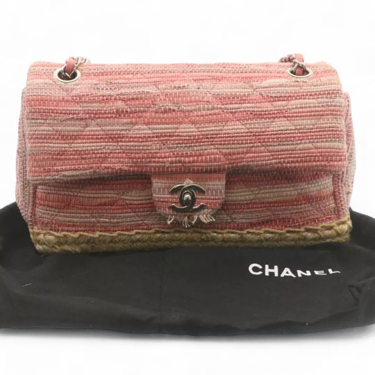 Chanel Chain Flap Shoulder Bag Turn Lock Canvas Pink Women Handbag Preowned