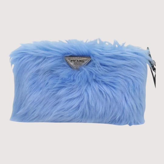 Prada Clutch Bag Eco Pelliccia Azzurro Blue Silver Fur Handbag Women Made in Italy