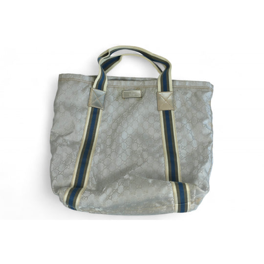 Gucci Tote Bag Silver Blue Striped Handles Unisex Made in Italy Designer Handbag Large