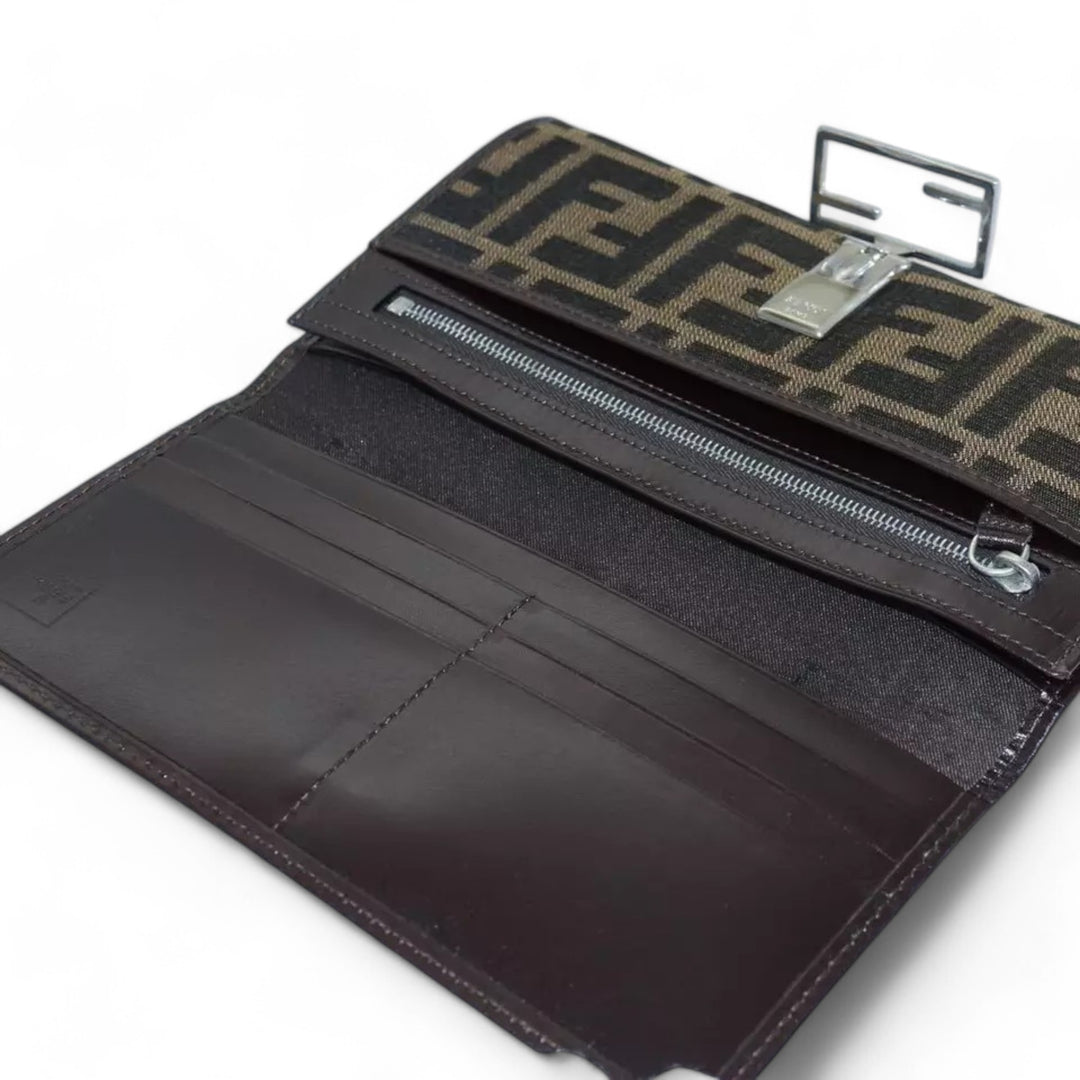 Fendi Zucca Canvas Long Wallet Black Brown Silver Women's Box Included