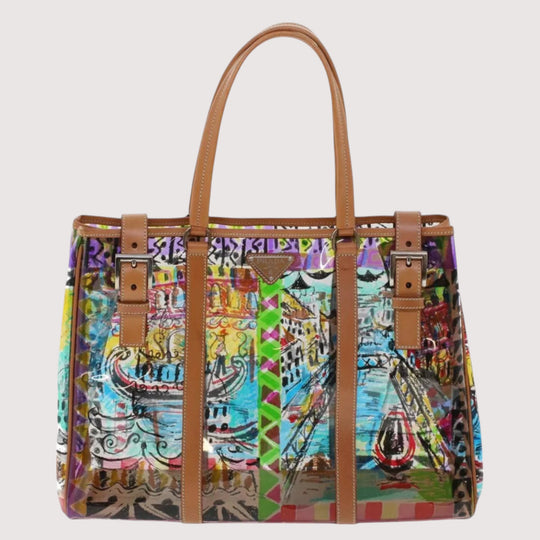 Prada Venice Pattern Tote Bag Vinyl Leather Multicolor Women's Handbag with Pouch