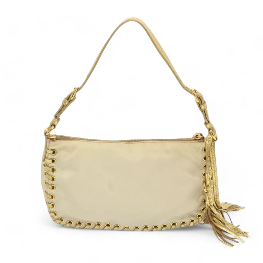 Prada Accessory Pouch Nylon Cream Gold Tassel Shoulder Bag Women Handbag