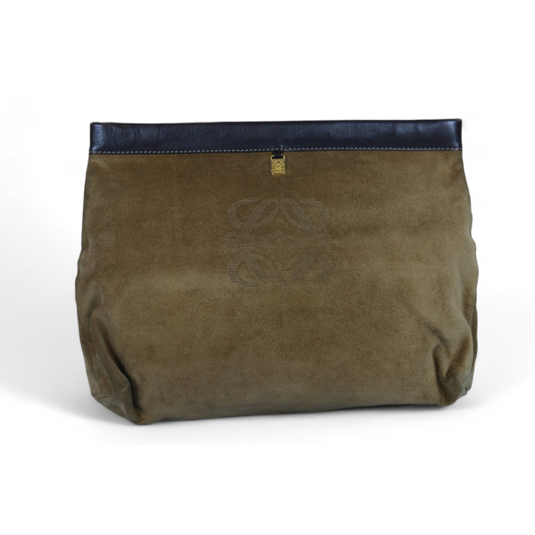 Loewe Suede Clutch Bag Olive Green Unisex Designer Handbag with Dust Bag Vintage Style