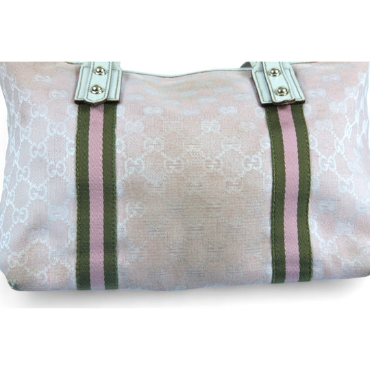 Gucci Tote Bag Pink Green Monogram Canvas Leather Women's Handbag with Charms