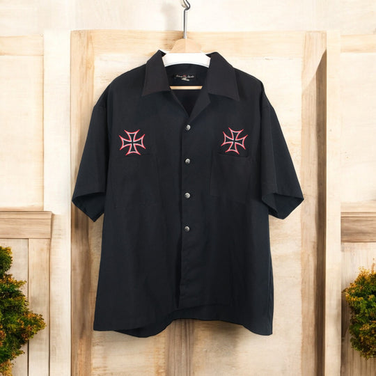 Johnny Suede Black Grunge Collar Short Sleeve Button-Up Shirt - Flame Cross Embroidery