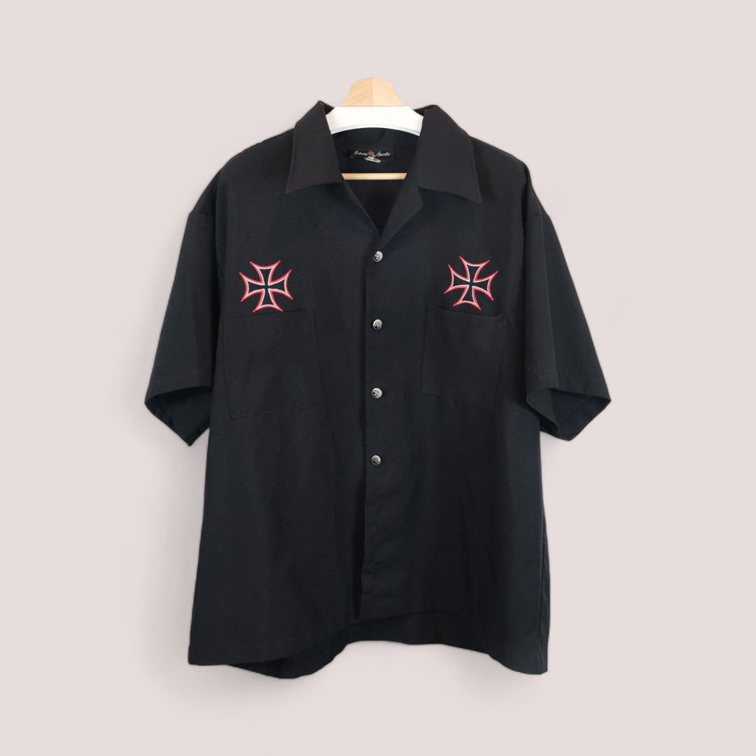 Johnny Suede Black Grunge Collar Short Sleeve Button-Up Shirt - Flame Cross Embroidery