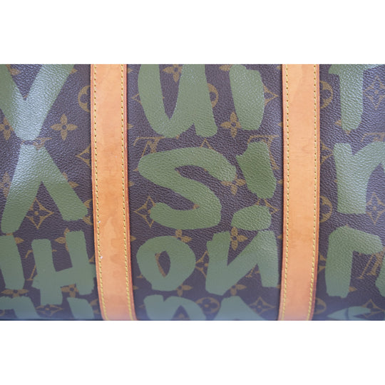 Louis Vuitton Keepall 50 Camo Monogram Canvas Leather Travel Bag Green Brown Unisex