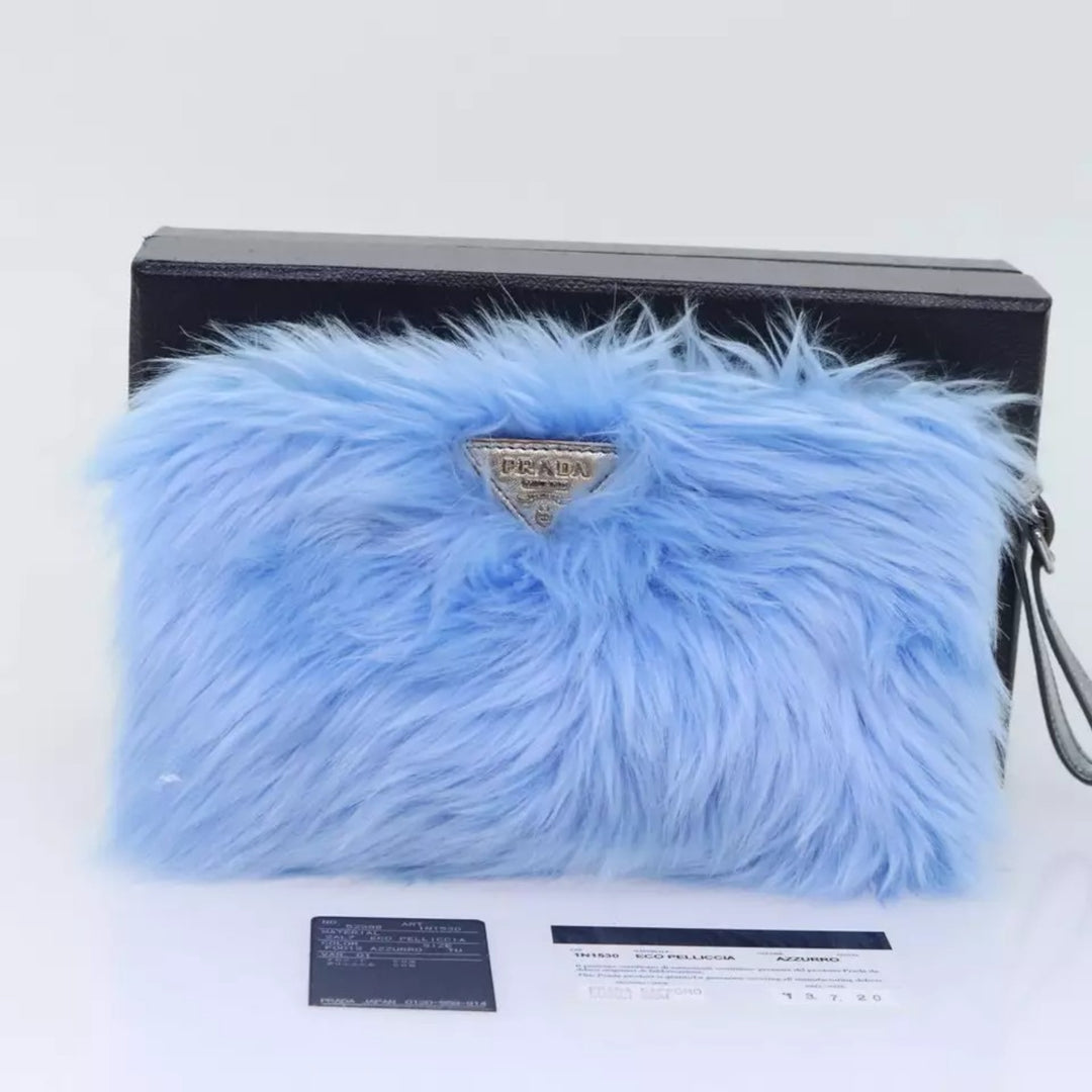 Prada Clutch Bag Eco Pelliccia Azzurro Blue Silver Fur Handbag Women Made in Italy