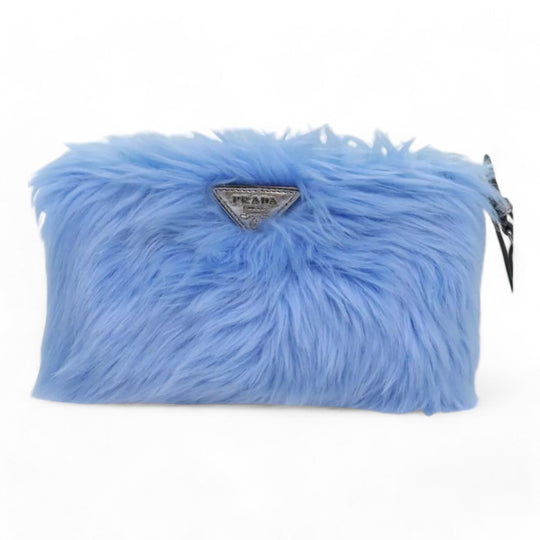 Prada Clutch Bag Eco Pelliccia Azzurro Blue Silver Fur Handbag Women Made in Italy