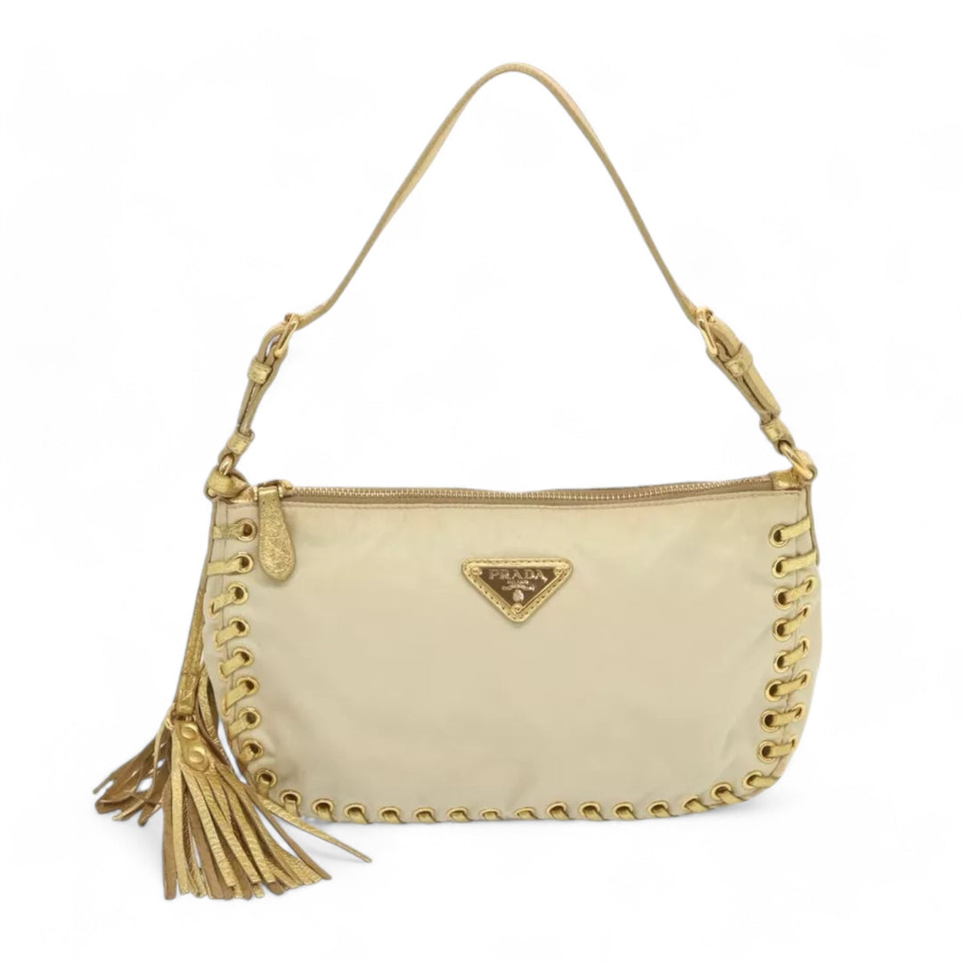 Prada Accessory Pouch Nylon Cream Gold Tassel Shoulder Bag Women Handbag