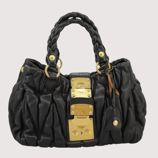 Miu Miu Matelasse Handbag Leather Black Gold 2way