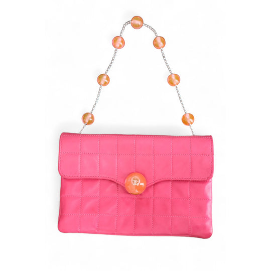 Chanel Quilted Leather Pink Purse with Orange Accent Ladies Handbag with Beaded Chain Strap Vintage Style