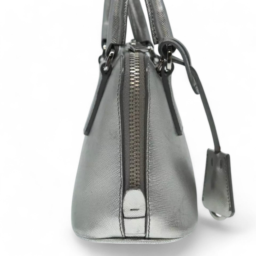 Prada Handbag Saffiano Leather 2way Silver Women's Bag with Strap and Dust Bag