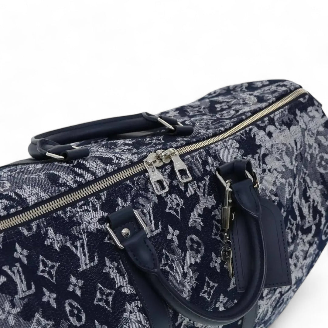 Louis Vuitton Monogram Tapestry Keepall Bandouliere 50 Boston Bag Blue Denim Unisex Travel Handbag