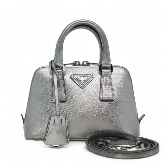 Prada Handbag Saffiano Leather 2way Silver Women's Bag with Strap and Dust Bag