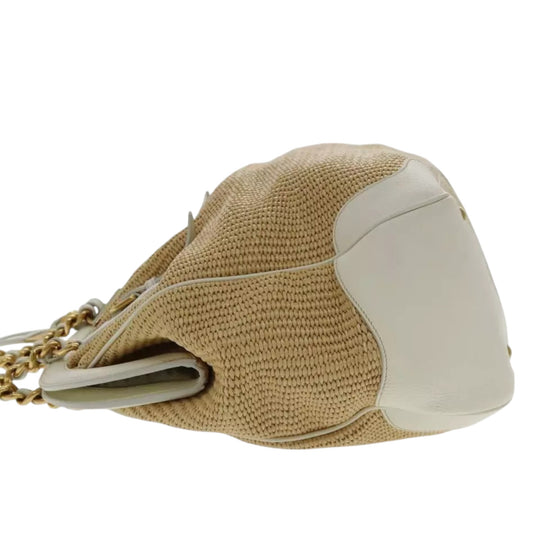 Prada Chain Shoulder Bag Straw Leather Beige Gold Women's