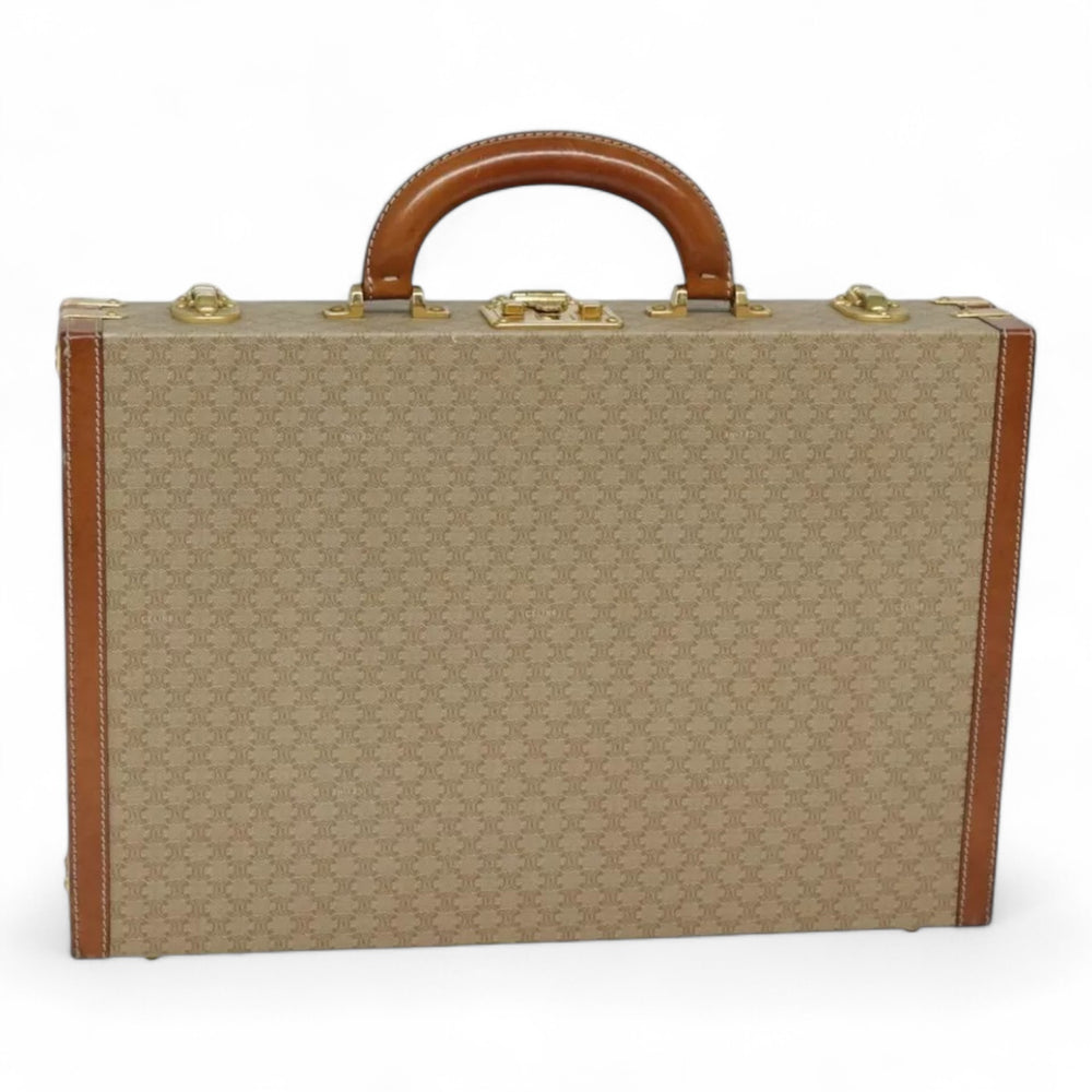 Celine Macadam Canvas Attache Case Beige Brown Gold Trunk Style Vintage Briefcase