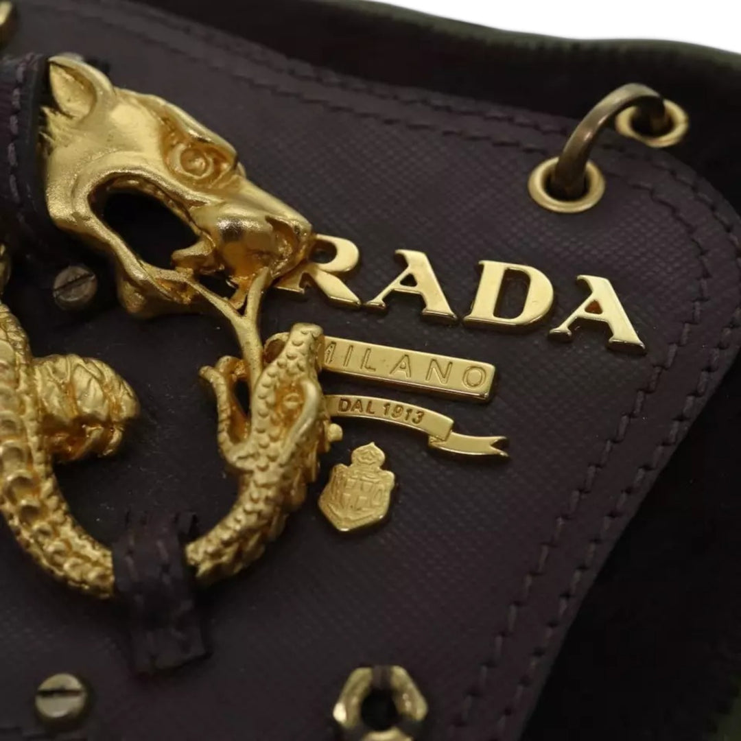 Prada Vintage Women's Shoulder Crossbody Bag Nylon Khaki Gold Lion Emblem