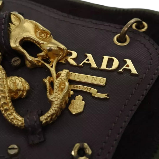 Prada Vintage Women's Shoulder Crossbody Bag Nylon Khaki Gold Lion Emblem