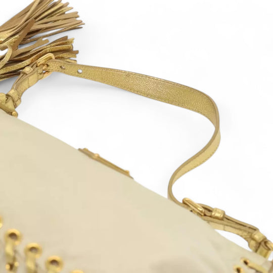 Prada Accessory Pouch Nylon Cream Gold Tassel Shoulder Bag Women Handbag