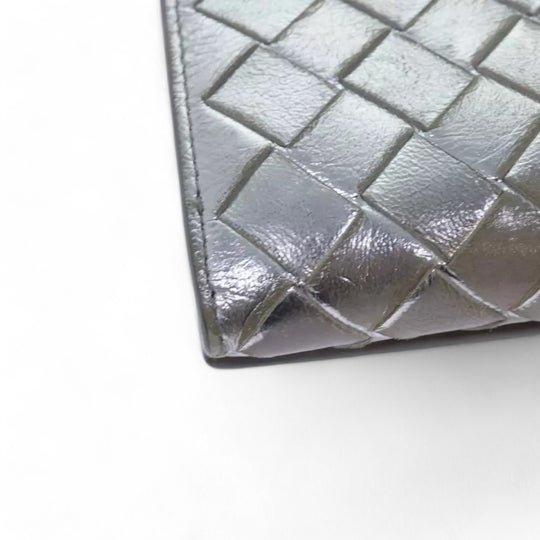 Bottega Veneta Intrecciato Leather Long Wallet Silver Tone Unisex